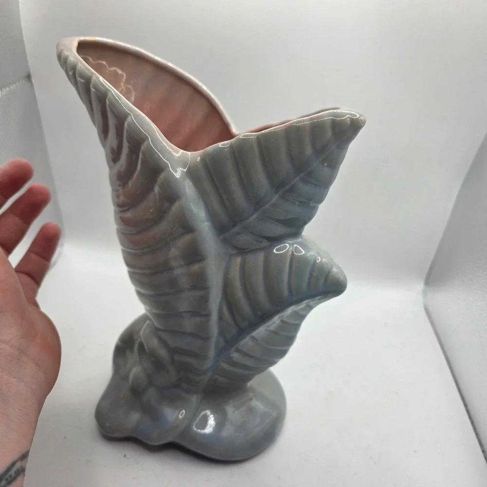 Vintage Gonder Pottery Large Leaf Vase Blue Gray Pink Art Deco MCM USA